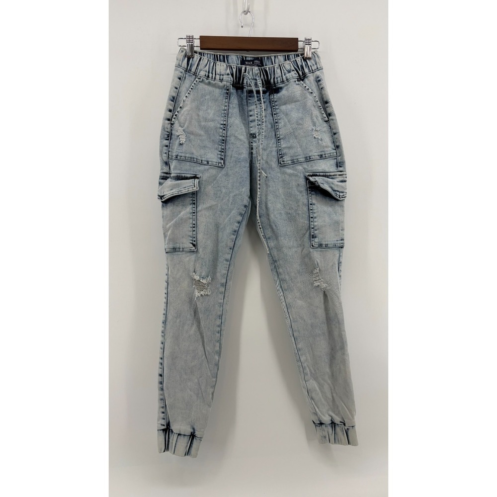 Wax Jean Joggers Womens Blue Distressed Cargo Pockets Tapered Leg Streetwear S